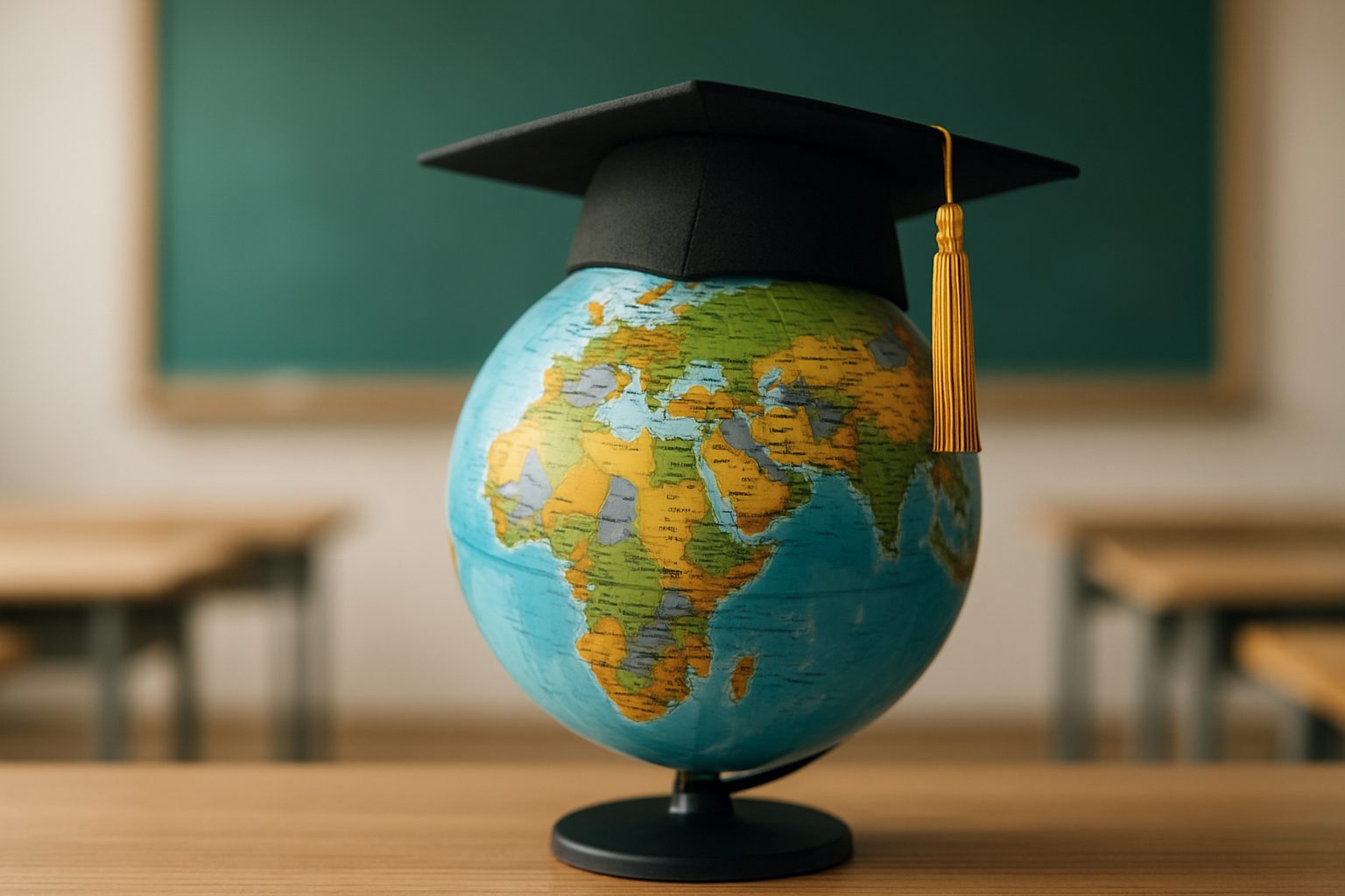 A globe wearing a graduation cap, symbolizing education and global opportunities in a classroom setting.